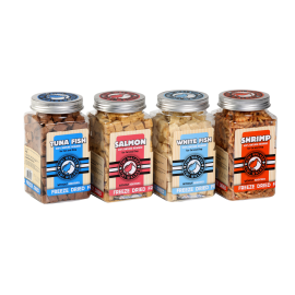 Fish and seafood - freeze-dried treat cubes are 100% from one ingredient. A tasty snack for dogs and cats.