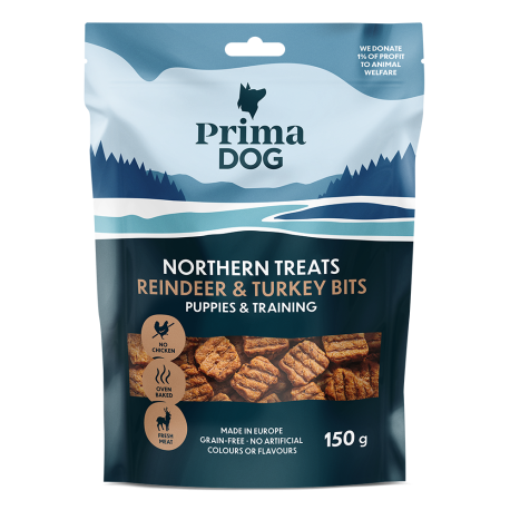 PrimaDog Northern Treats Reindeer & Turkey Bits are a nutritious flavor experience for your dog or puppy.